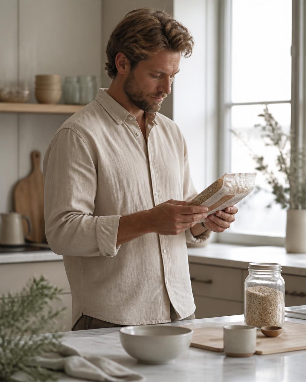 Mann som leser ingredienslisten på en matvarepakke