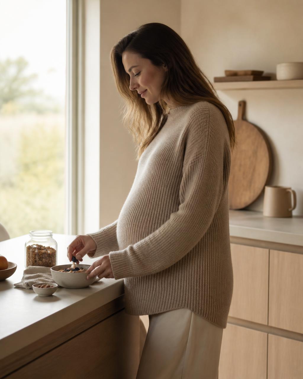 Gravid kvinne som lager frokost i et lyst kjøkken